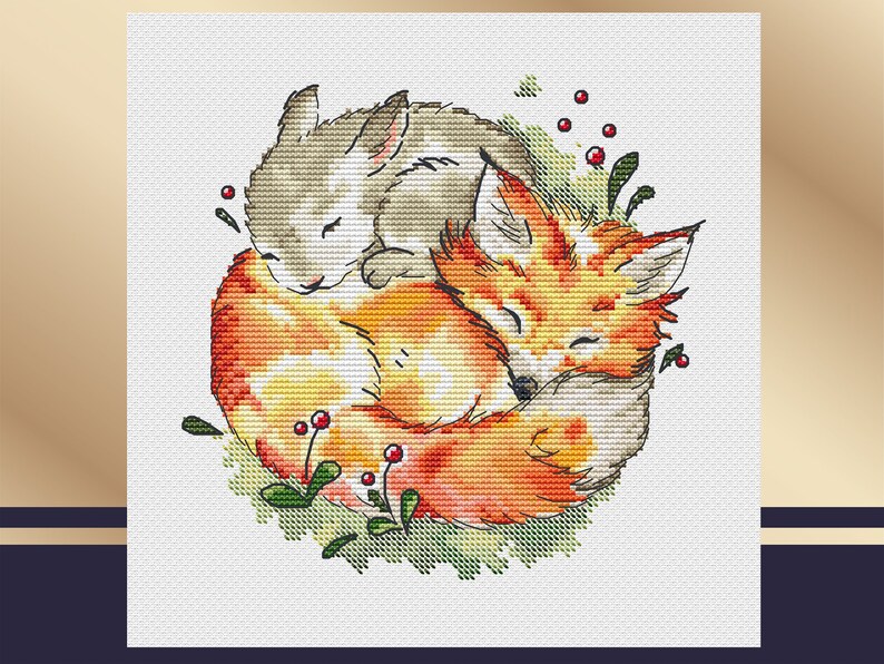 Woodland embroidery Cute cross stitch pattern PDF Sleeping fox and bunny Counted cross stitch chart DIY baby shower gift