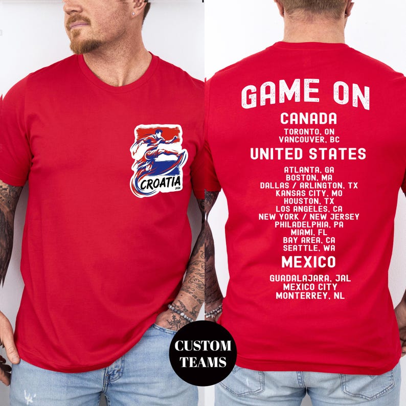 A red t-shirt with text and a graphic on the back, featuring a list of cities and a logo.