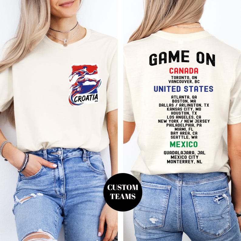 A woman wearing a white t-shirt with a graphic of a red, white, and blue figure on it, along with text that lists the locations of various events related to Croatia.