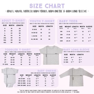 The image is a size chart that provides measurements and sizes for various types of clothing, including adult, youth, toddler, and baby items.