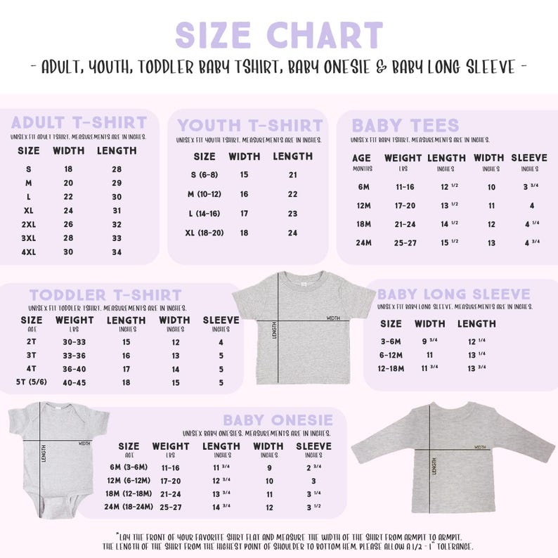 The image is a size chart that provides measurements and sizes for various types of clothing, including adult, youth, toddler, and baby items.