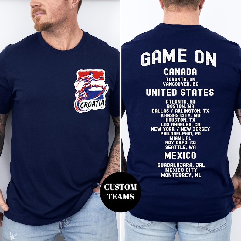 A man wearing a navy blue t-shirt with a graphic of a hockey player and text on the back, along with a list of locations in the United States and Mexico.