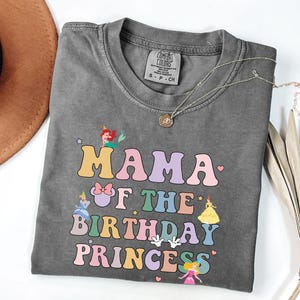 Mama of Birthday Princess Crew Shirt, Magical Happiest Place Cute Mouse Girl, Custom Best BDAY Mom Gift, Pastel Squad Party Comfort Colors®