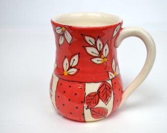 Coffee mug, decorative red mug, tea cup, wheel thrown mug, one-of-a-kind mug, leaf mug, stoneware mug