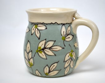 Coffee Mug, floral tea cup, beverage cup, ceramic coffee cup, blue coffee cup, decorative coffee cup