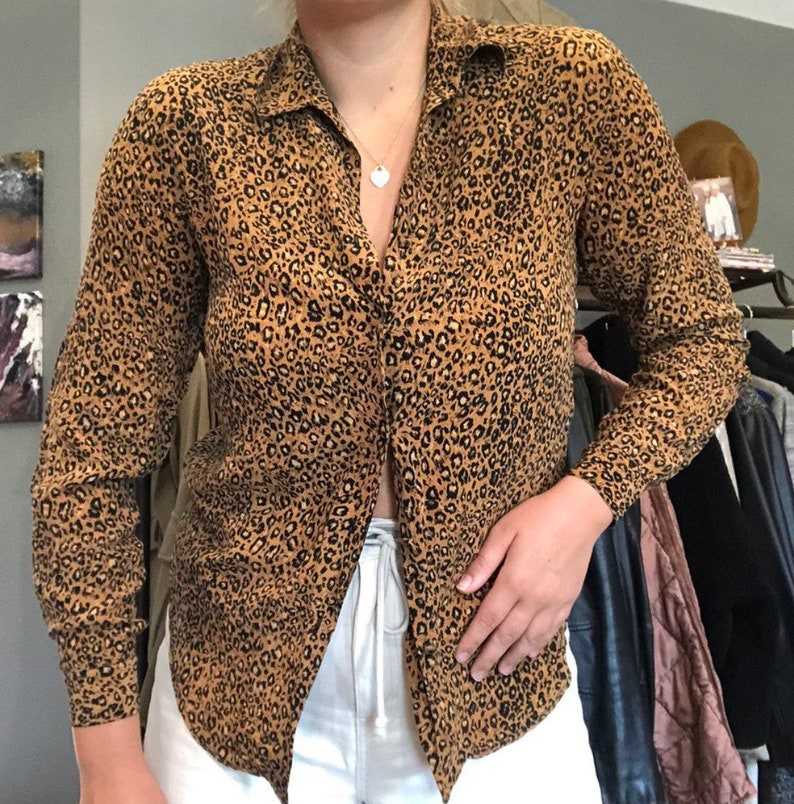 Vintage 1990s Cheetah Silk Button Down Shirt
