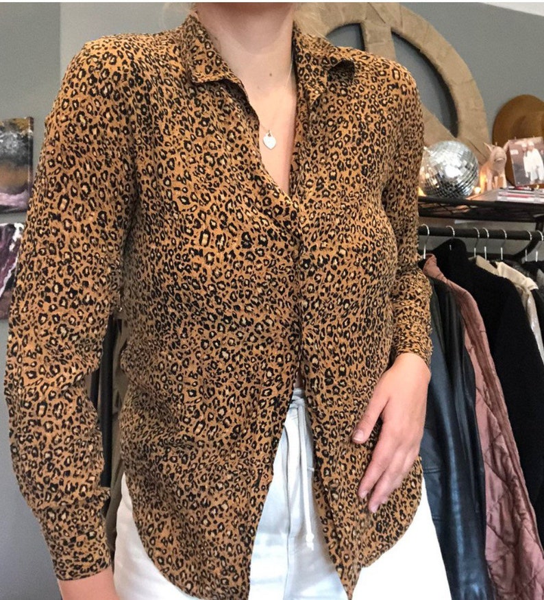 Vintage 1990s Cheetah Silk Button Down Shirt