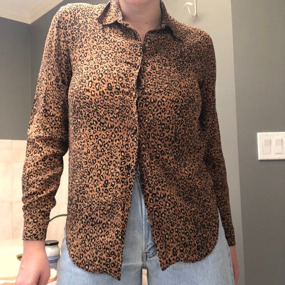 Vintage 1990s Cheetah Silk Button Down Shirt