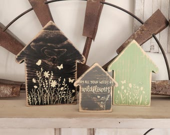 Rustic Wooden Houses - Simplistic - Country Decor - Farmhouse Decor - Wildflowers - Home Decor - Wooden Housed - Spring Decor