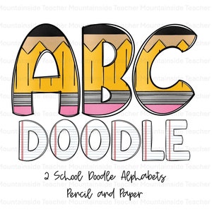 Letras de doodle de regreso a la escuela, paquete de números y alfabeto dibujados a mano, conjunto de doodle, fuente de sublimación, letras PNG, lápiz y papel, alfabeto