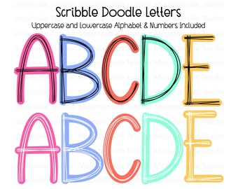 Scribble Letters, Bright Colored Doodle Alphabet, Doodle Sublimation Letters, Alpha Set, Hand Drawn, Doodles, PNG Letters, Digital Download
