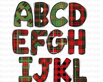 Christmas Plaid Doodle Alphabet PNG Doodle Sublimation Alpha Set Design PNG Uppercase & Lowercase Hand Drawn alpha pack sublimation alphabet