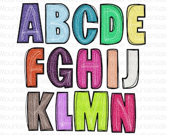 Scribble Glitter Doodle Alphabet PNG Sublimation Alpha Set Design Uppercase Hand Drawn alpha pack sublimation alphabet clipart