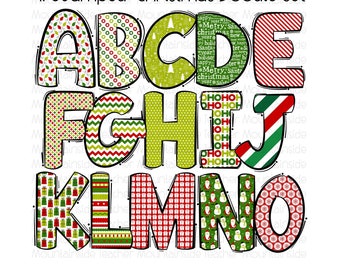 Christmas Doodle Alphabet PNG Doodle Sublimation Alpha Set Design PNG Upper & Lowercase Hand Drawn alpha pack sublimation alphabet clipart