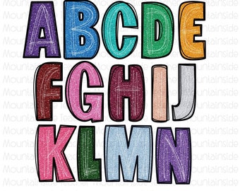 Scribble Glitter Doodle Alphabet PNG Sublimation Alpha Set Design Uppercase Hand Drawn alpha pack sublimation alphabet clipart