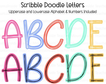 Scribble Letters, Bright Colored Doodle Alphabet, Doodle Sublimation Letters, Alpha Set, Hand Drawn, Doodles, PNG Letters, Digital Download