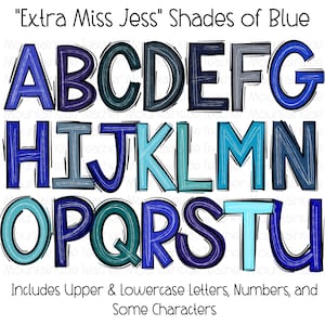 Krabbelbrieven, blauwe doodle alfabet, png-bundel, doodle sublimatie, alfa decorontwerpen, png-clipart, handgetekende alfapack, png-lettertype