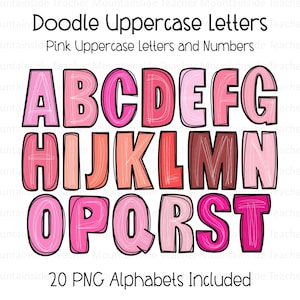 Alfabetos de letras garabateadas, tonos de rosa, letras garabateadas, alfabeto dibujado a mano, conjunto alfa de sublimación PNG, letras brillantes, letras garabateadas