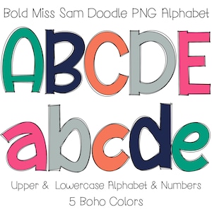 Cores de verão Bloco Doodle Letras Alfabeto PNG Pacote Doodle Sublimação Alpha Set Designs PNG Maiúsculas e Minúsculas Pacote alfa desenhado à mão
