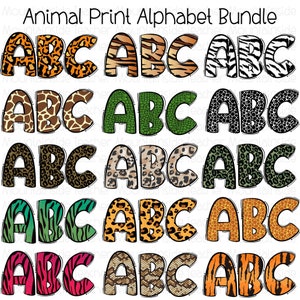 Paquete de letras PNG con estampado animal, diseño de sublimación de letras, mayúsculas y minúsculas, dibujado a mano, paquete de sublimación