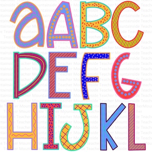 Kleurrijke patroon doodle letters alfabet bundel PNG | Handgetekend alfabet | Alpha Pack digitale download | Sublimatiebrieven | Afdrukbaar