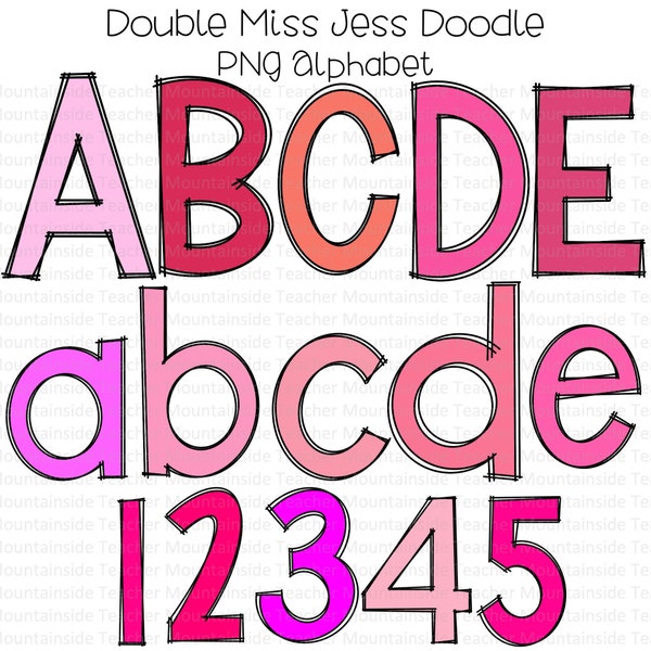 Double Outline Blocky Letters Shades of Pink Bundle Doodle Sublimation Alphabet Set Designs PNG Upper & Lowercase Hand Drawn alpha pack