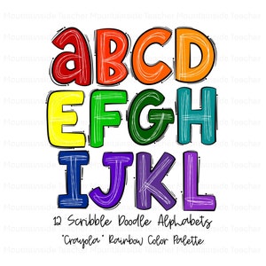 Letras rabiscadas, alfabeto colorido em giz de cera, PNG, sublimação de doodle, designs de conjuntos alfa, fonte PNG, alfa desenhado à mão, download digital