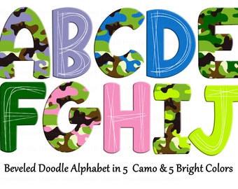 Alphabet Doodle camouflage PNG : Clipart camouflage lumineux (téléchargement numérique)