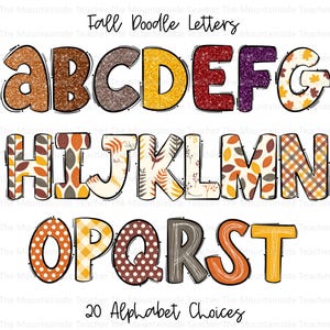 Letras de Doodle de Outono, Alfabeto Doodle de Outono, PNG, Sublimação, Desenhos de Conjunto Alfa, Clipart PNG, Pacote Alfa Desenhado à Mão, Fonte PNG, Letras de Folhas