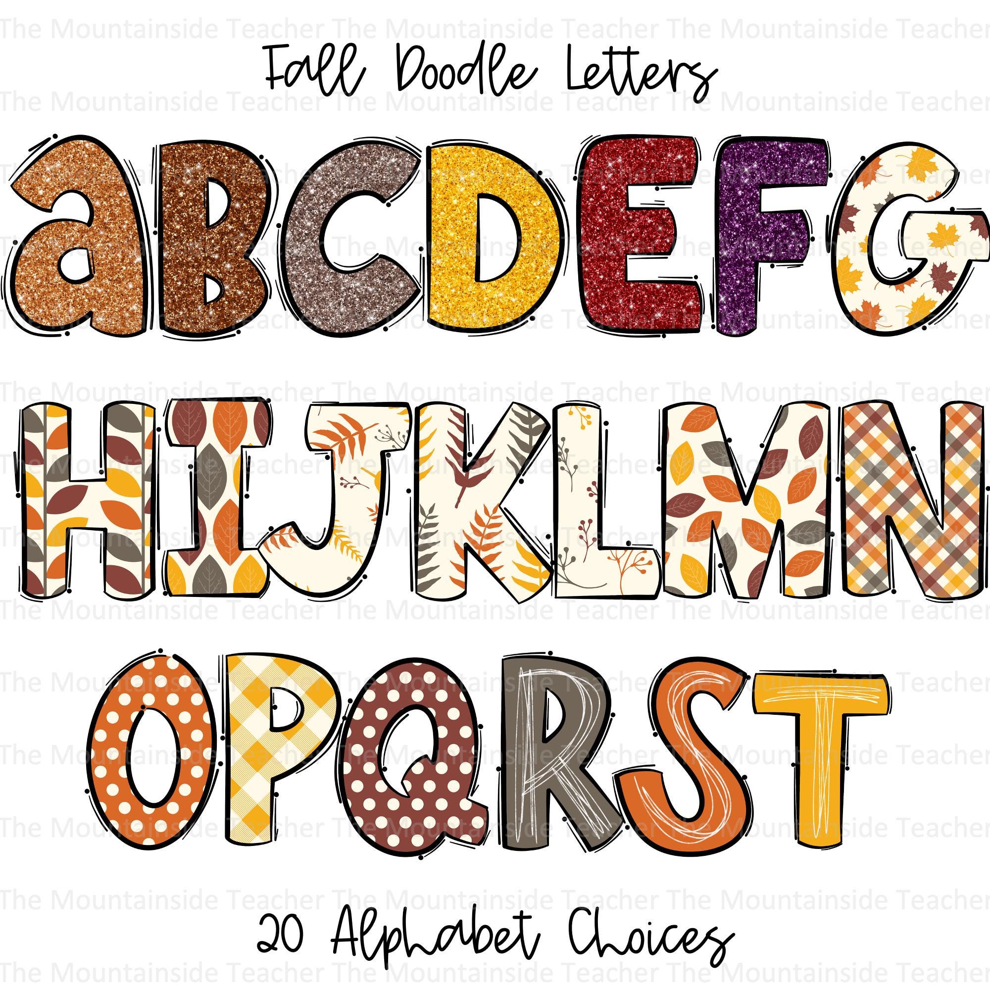 Fall Doodle Letters, Autumn Doodle Alphabet, PNG, Sublimation, Alpha Set Designs, PNG Clipart, Hand Drawn Alpha pack, PNG Font, leaf letters
