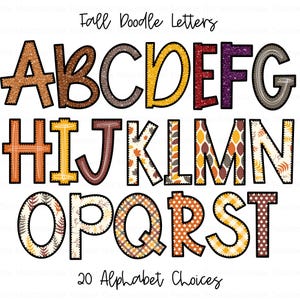 Letras de Doodle de Outono, Alfabeto Doodle de Outono, PNG, Sublimação, Desenhos de Conjunto Alfa, Clipart PNG, Pacote Alfa Desenhado à Mão, Fonte PNG, Letras de Folhas