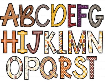 Könnte beinhalten: Herbst-Doodle-Buchstabenalphabet mit 20 verschiedenen Designs. Die Buchstaben sind in Braun, Orange, Gelb, Rot und Lila mit verschiedenen Herbstmustern wie Blättern, Karos und Punkten.
