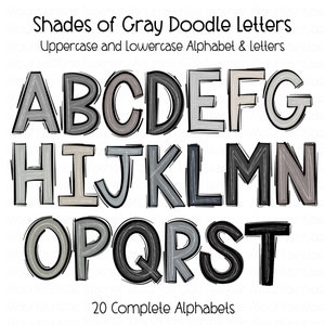 Alfabeto de letras rabiscadas, tons de cinza PNG, letras de rabiscos, alfabeto desenhado à mão, conjunto alfa de sublimação PNG, letras brilhantes, letras sólidas