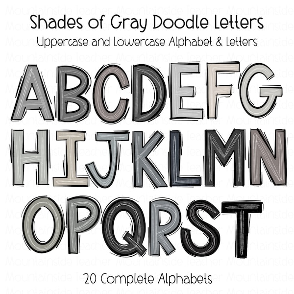 Scribble Letter Alphabet, Gray Tones PNG, Doodle Letters, Hand Drawn Alphabet, Sublimation Alpha Set PNG, Glitter Letters, Solid Letters