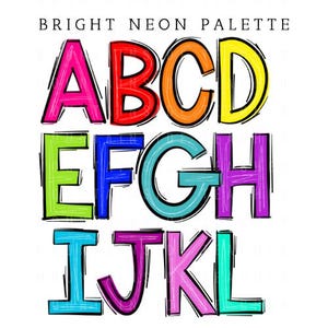 Krabbelbrieven, helder doodle alfabet, png-bundel, doodle sublimatie, alfa decorontwerpen, png-clipart, handgetekende alfapack, png-lettertype