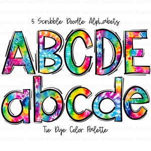 Letras Tie Dye, Alfabeto Doodle Brilhante, Pacote PNG, Sublimação Doodle, Designs de Conjunto Alpha, Clipart PNG, Pacote Alpha Desenhado à Mão, Fonte PNG