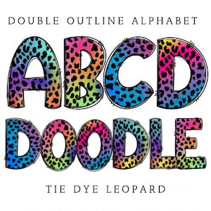 Letras de leopardo teñidas de colores, paquete de garabatos alfa dibujados a mano, números estampados y conjunto de garabatos del alfabeto, fuente de sublimación, letras PNG