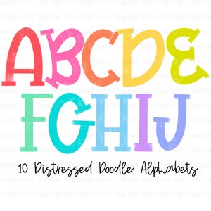 Letras desgastadas, alfabeto de Doodle brilhante, pacote PNG, sublimação de Doodle, designs de conjuntos alfa, clipart PNG, pacote alfa desenhado à mão, fonte PNG