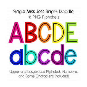 Bloco Doodle Letras Cores Brilhantes, Linha Central, Alfabeto PNG Doodle Sublimação, Conjunto Alfa, Alfabeto Desenhado à Mão, Letras Clipart