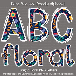 Letras Doodle, Alfabeto Floral Brilhante, Pacote PNG, Sublimação Doodle, Conjuntos Alfa, Clipart PNG, Pacote Alfa Desenhado à Mão, Fonte PNG
