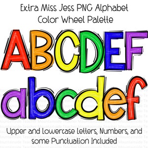 Krabbel doodle letters, kleurenwiel alfabet, png-set, doodle sublimatie, alfa decorontwerpen, png-clipart, handgetekende alfapack, png-lettertype