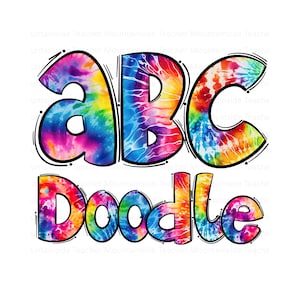 Letras coloridas de rabiscos tie-dye, pacote de rabiscos alfa desenhados à mão, números padronizados e conjunto de rabiscos de alfabeto, fonte de sublimação, letras PNG