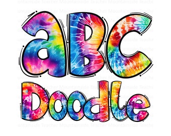 Colorful Tie Dye Doodle letters, Hand Drawn Doodle Alpha Bundle Patterned Numbers & Alphabet Doodle Set Sublimation Font PNG Letters