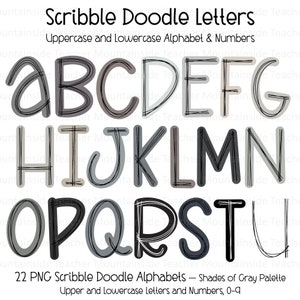 Könnte beinhalten: Ein Satz von 22 Groß- und Kleinbuchstaben im Kritzel-Doodle-Stil. Die Buchstaben sind in Grautönen und Schwarz auf weißem Hintergrund. Die Buchstaben sind schwarz umrandet und haben eine gekritzelte Textur. Der Text am unteren Rand des Bildes lautet "22 PNG Scribble Doodle Alphabets - Shades of Gray Palette Upper and Lowercase Letters and Numbers, 0-9".