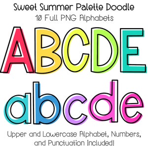 Lot de lettres Doodle décentré PNG Doodle sublimation alpha défini, motifs PNG majuscules et minuscules dessinés à la main pack alpha couleurs vives
