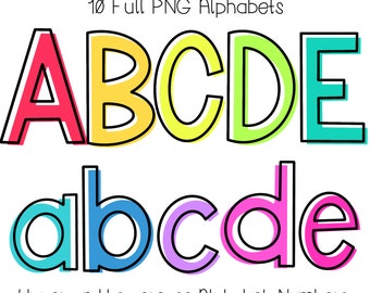 Off-centered Doodle Letters PNG Bundle Doodle Sublimation Alpha Set Designs PNG Upper & Lowercase Hand Drawn alpha pack Bright Colors