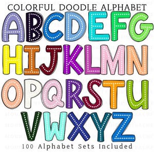 Könnte beinhalten: Ein farbenfrohes Doodle-Alphabet mit den Buchstaben A bis Z. Jeder Buchstabe ist schwarz umrandet und mit einer anderen Farbe gefüllt, wie Blau, Grün, Gelb und Orange. Die Buchstaben haben weiße gepunktete Akzente. Der Text "100 Alphabet Sets Included" steht unten.