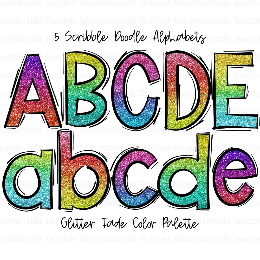 Faded Glitter Letters, Bright Doodle Alphabet, PNG Bundle, Doodle ...