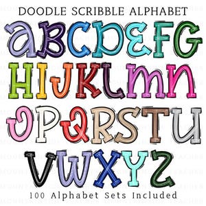 May include: A colorful doodle alphabet set, featuring letters A through Z in various hues. Each letter has a unique color and a black outline. The text "DOODLE SCRIBBLE ALPHABET" and "100 Alphabet Sets Included" are also visible.