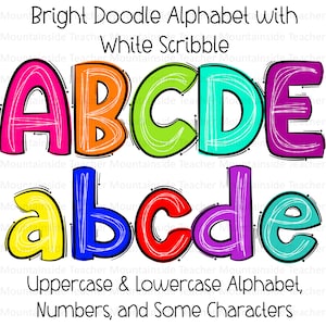 Letras rabiscadas, alfabeto de Doodle brilhante, pacote PNG, sublimação de Doodle, designs de conjuntos alfa, clipart PNG, pacote alfa desenhado à mão, fonte PNG